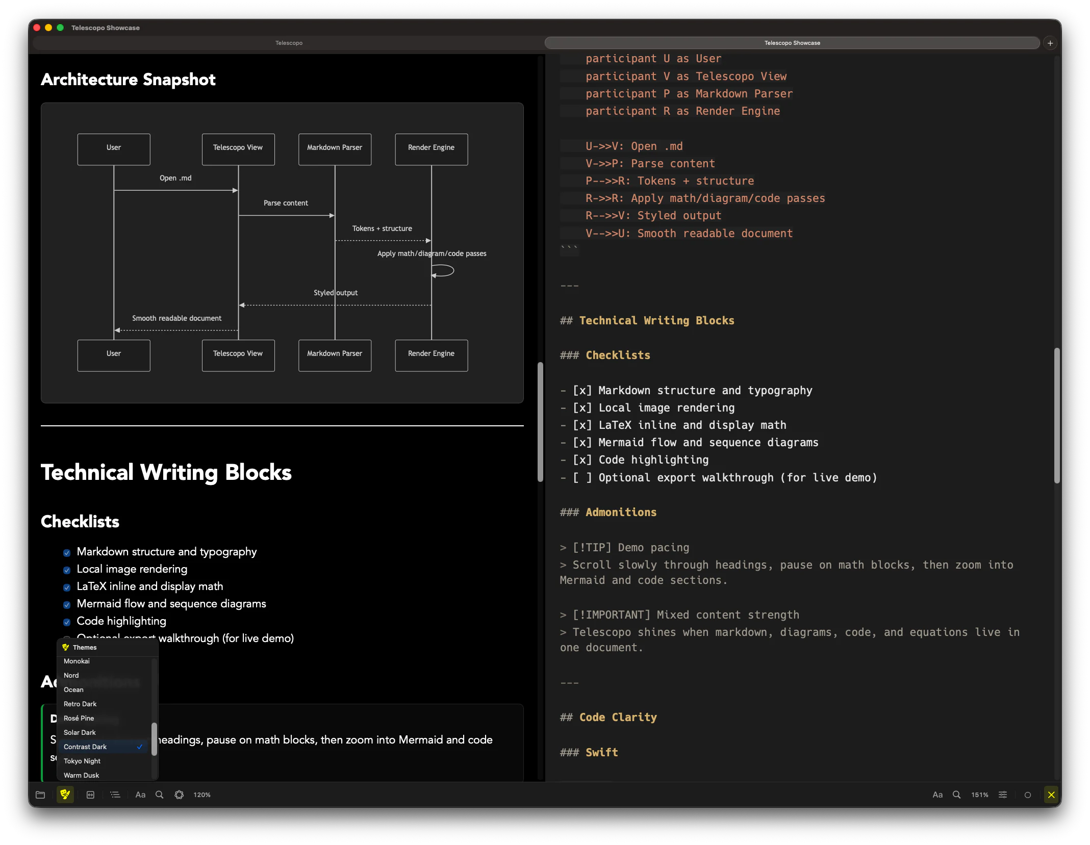 Telescopo Markdown Studio showing a high-contrast Markdown workspace and theme controls