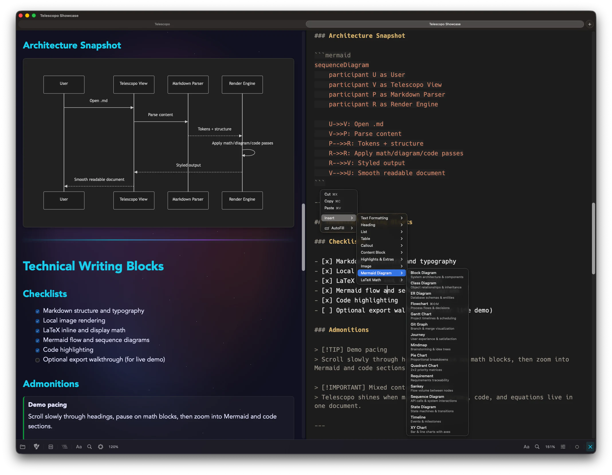 Telescopo Markdown Studio split preview with Mermaid insert menu