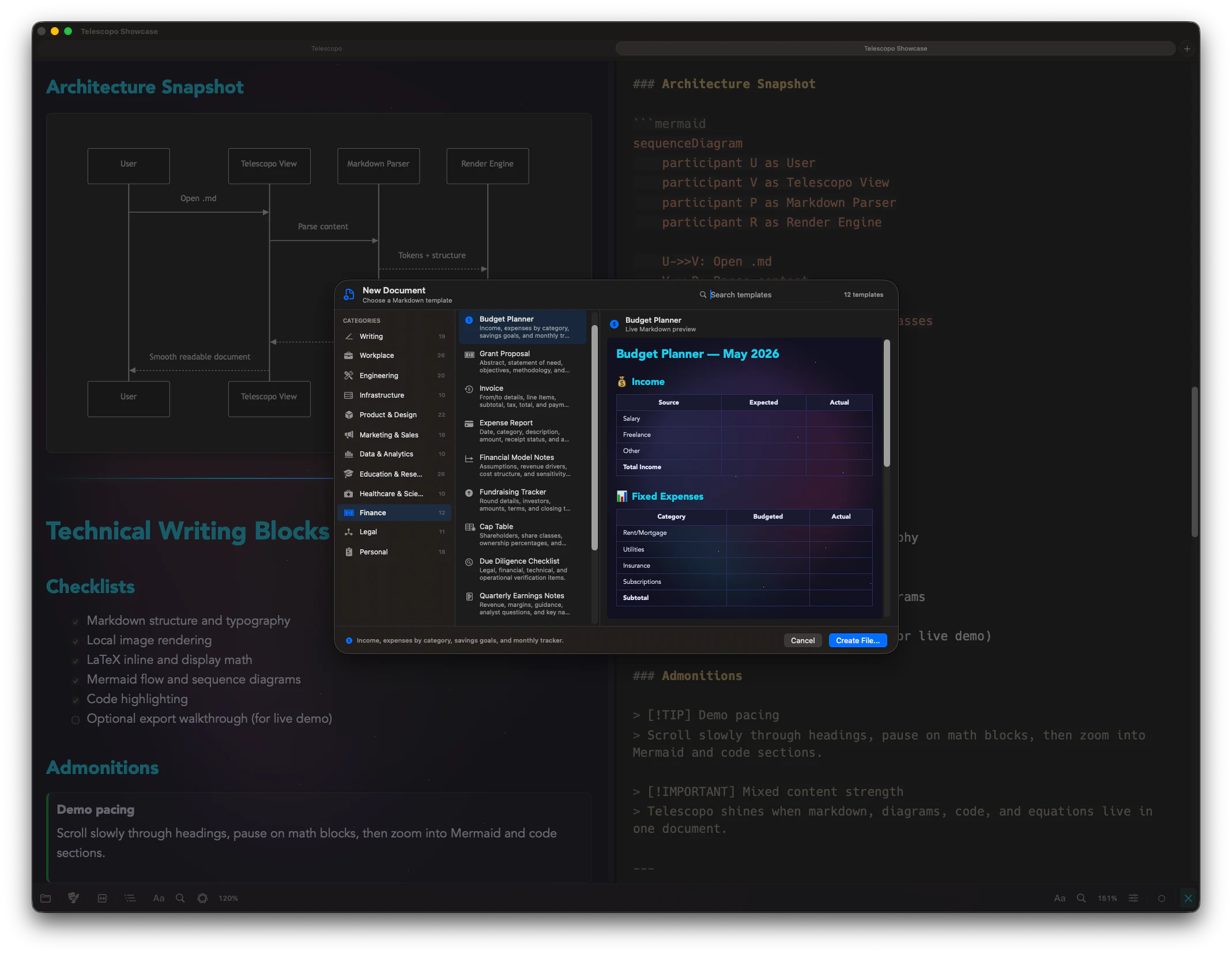 Telescopo Markdown Studio new document template chooser