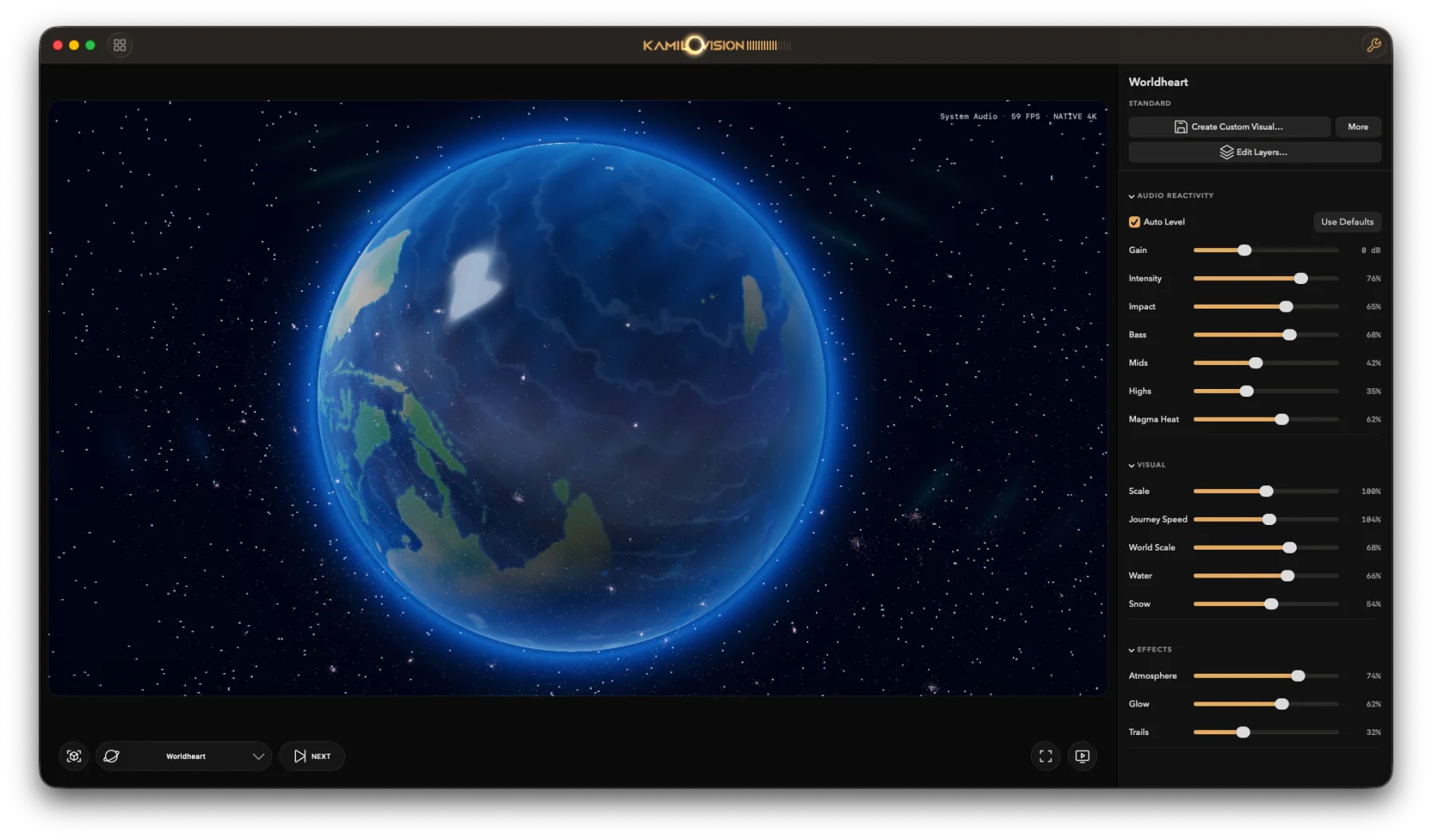 Worldheart in Kamilovision with audio and visualization controls open on Mac