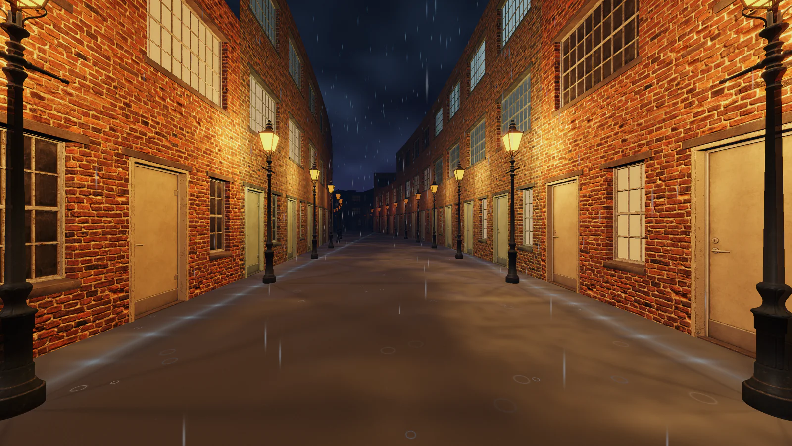 Rainlight Passage in Kamilovision, with warm street lights reflected in a rain-soaked road