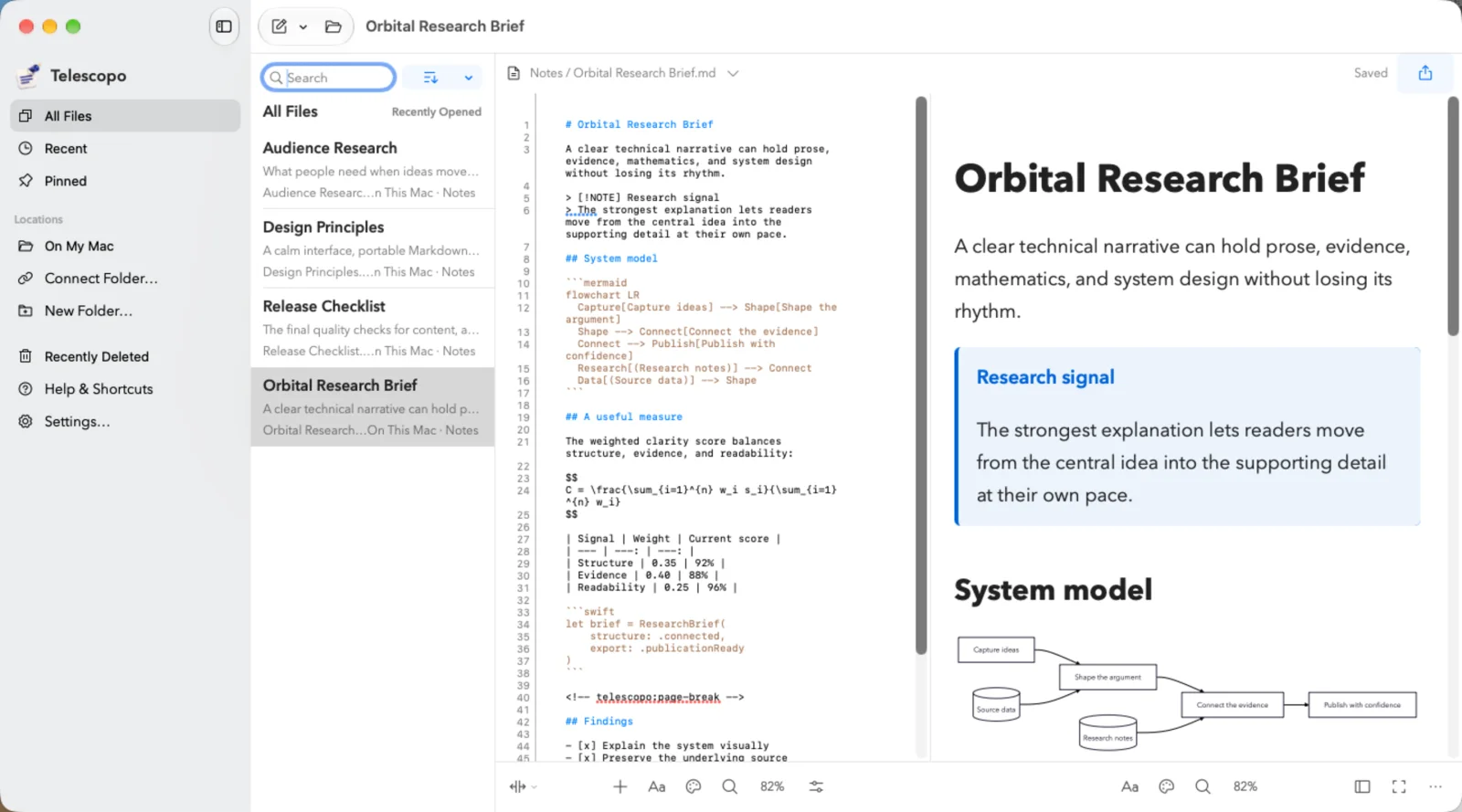 The new Telescopo on Mac showing a note library beside Markdown source and a rendered research document