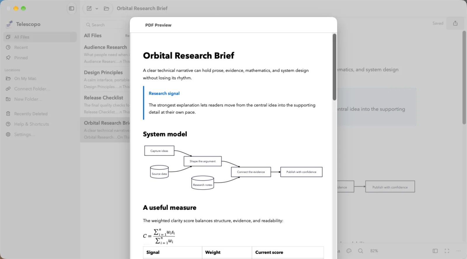 A document prepared for PDF export in Telescopo on Mac
